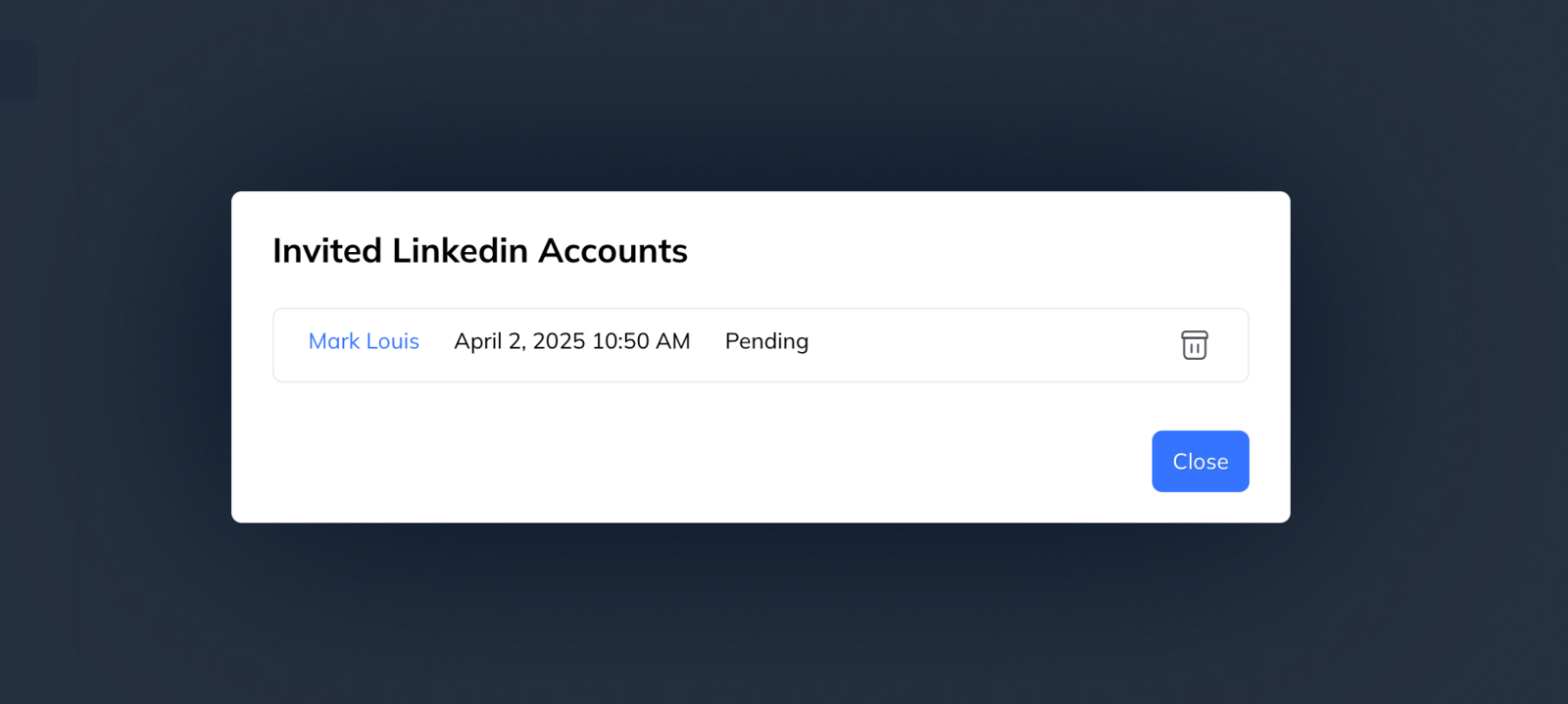 A list headed Invited Linkedin Accounts showing one account with a Pending status and the date it was invited.