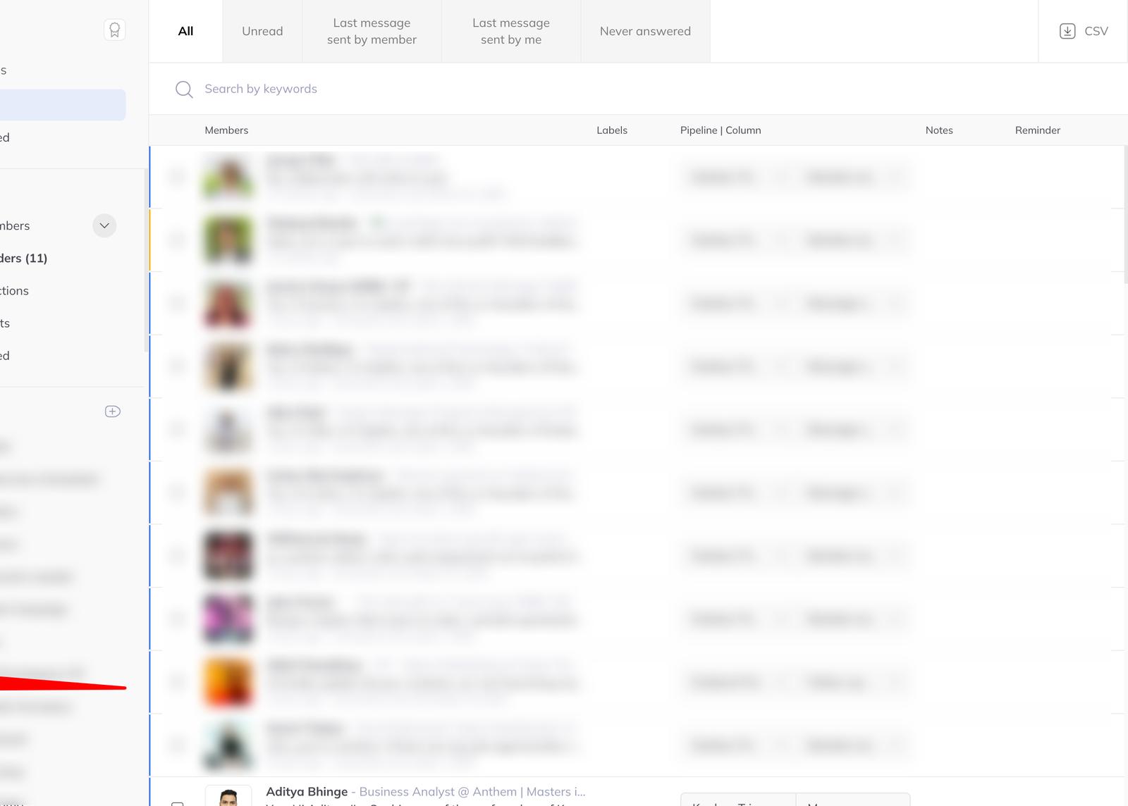 The inbox with a narrow account switcher strip down the far left edge.