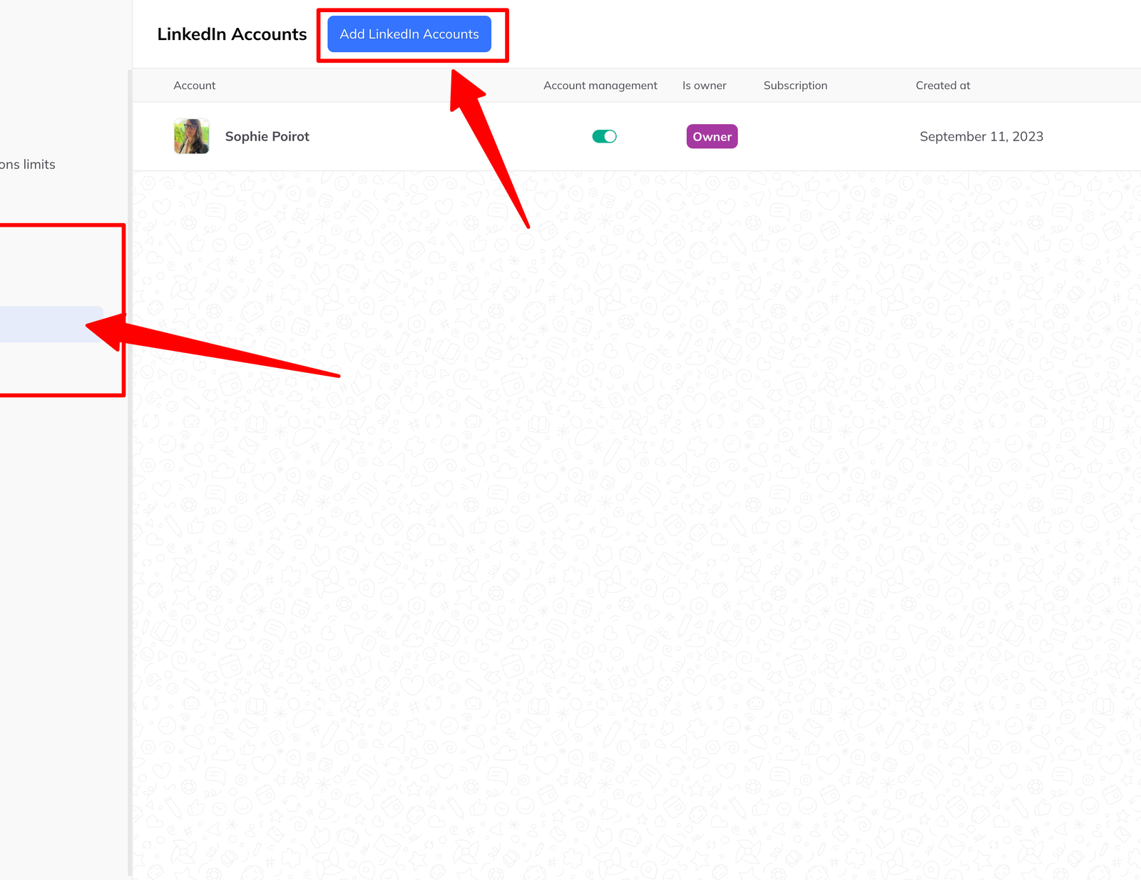 The accounts table reached from the switcher, showing each connected account with its management toggle.