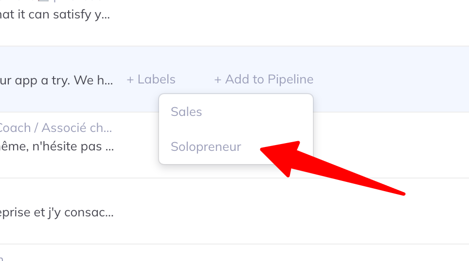 An inbox row revealing quick actions on hover, including Add to pipeline, with a menu listing Sales and Solopreneur pipelines.
