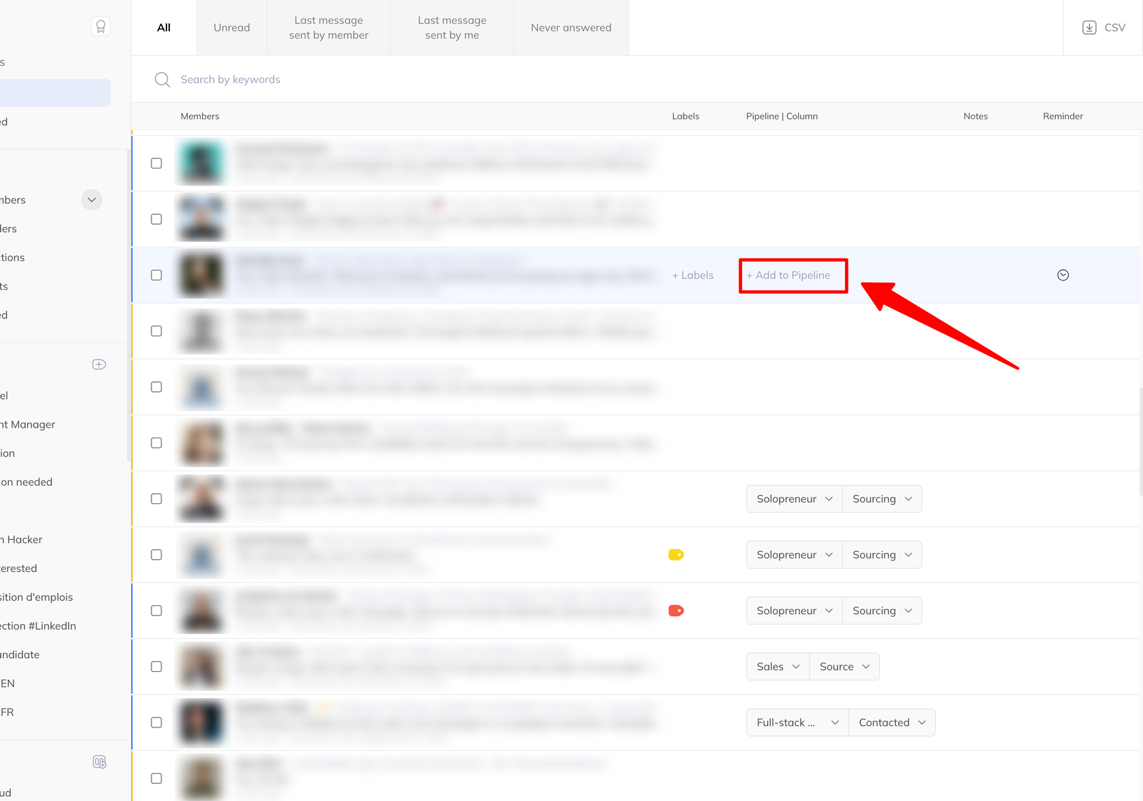 An inbox row with an Add to Pipeline control revealed on hover.