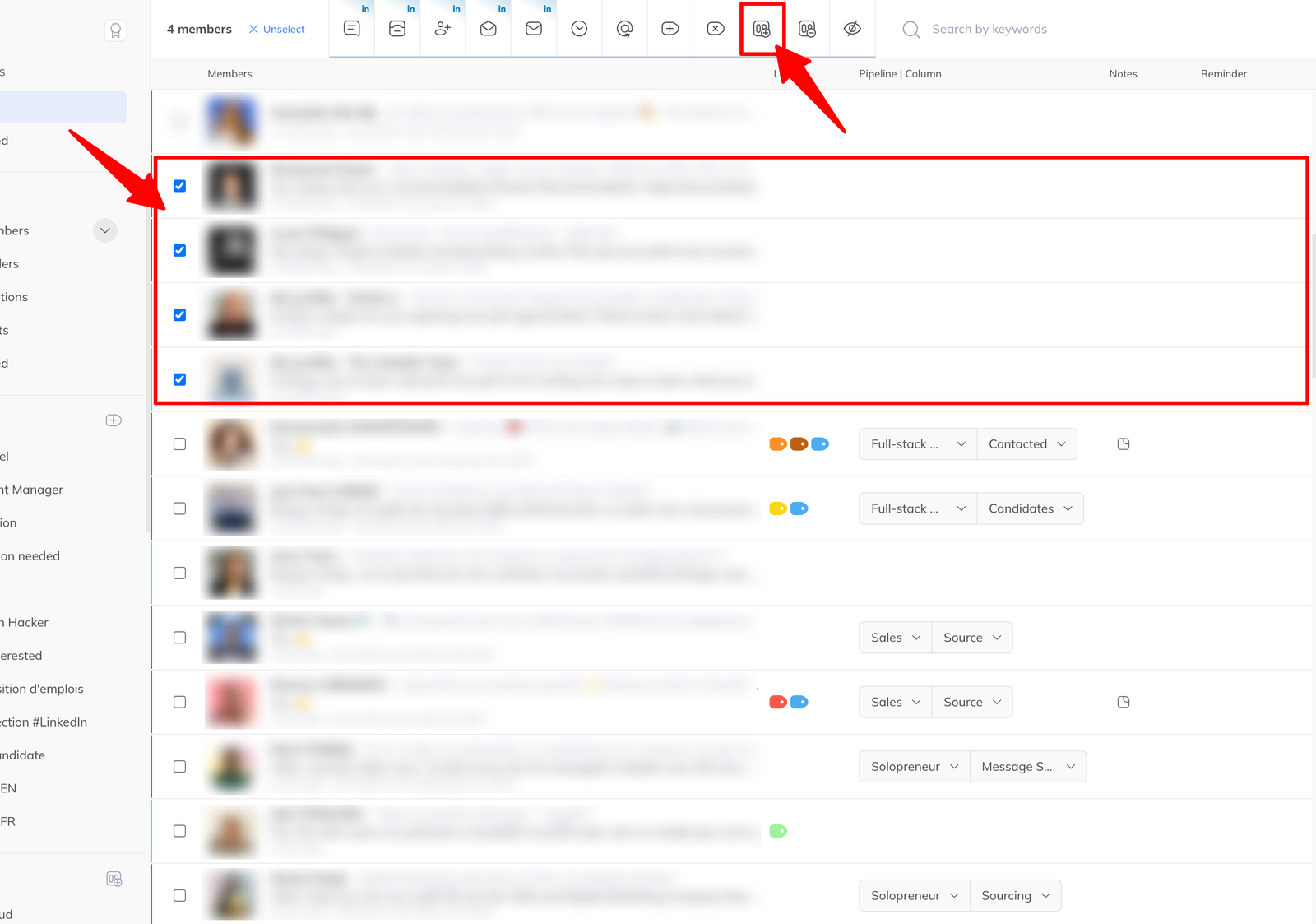 The inbox with four members selected and the batch action toolbar shown above the list.