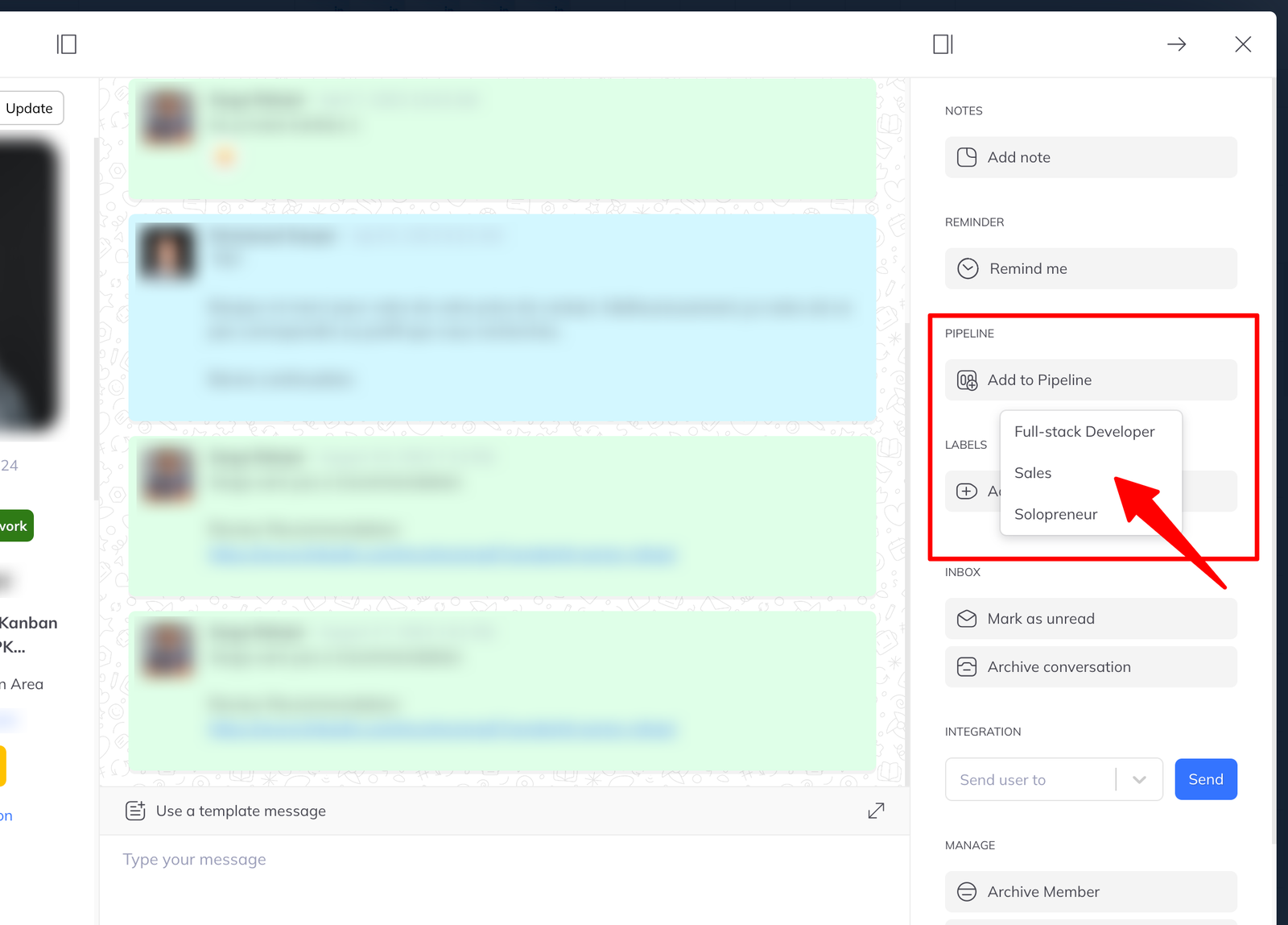 A conversation's right-hand panel showing notes, reminder and an Add to Pipeline control.