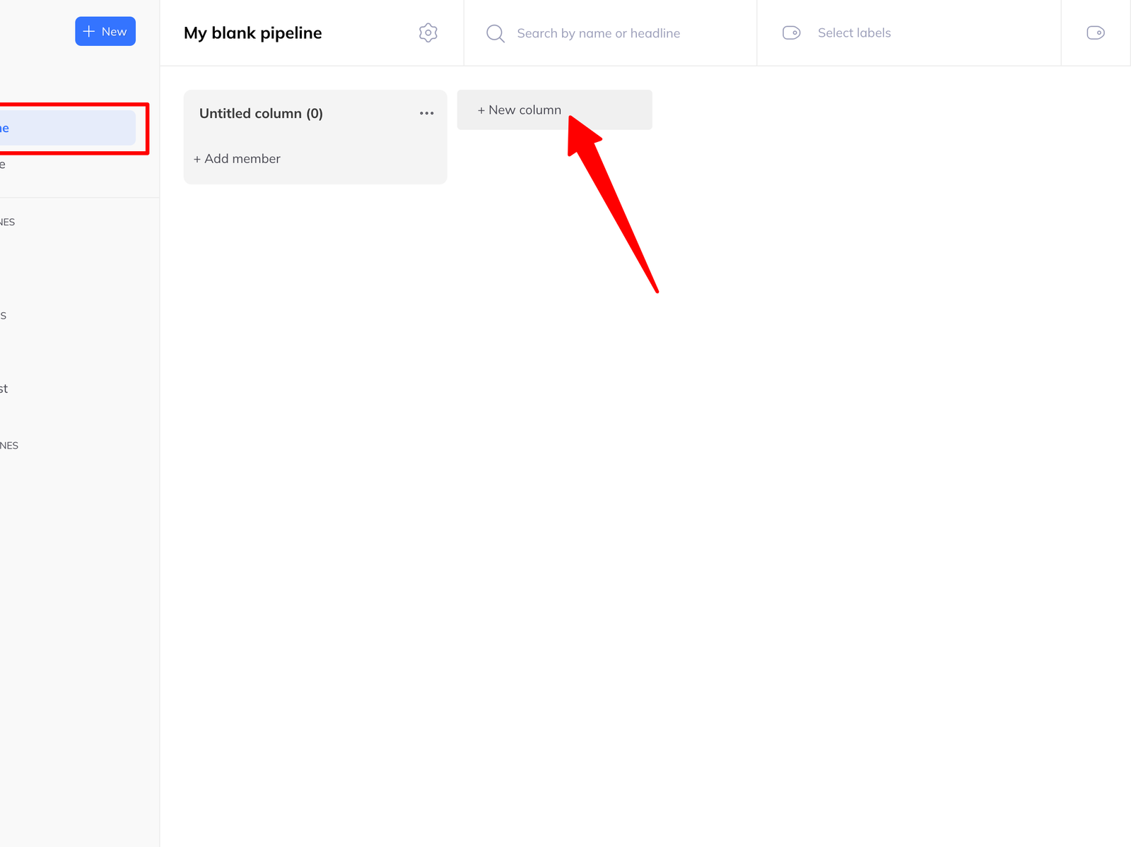 A newly created blank pipeline showing a single Untitled column and a New column button.