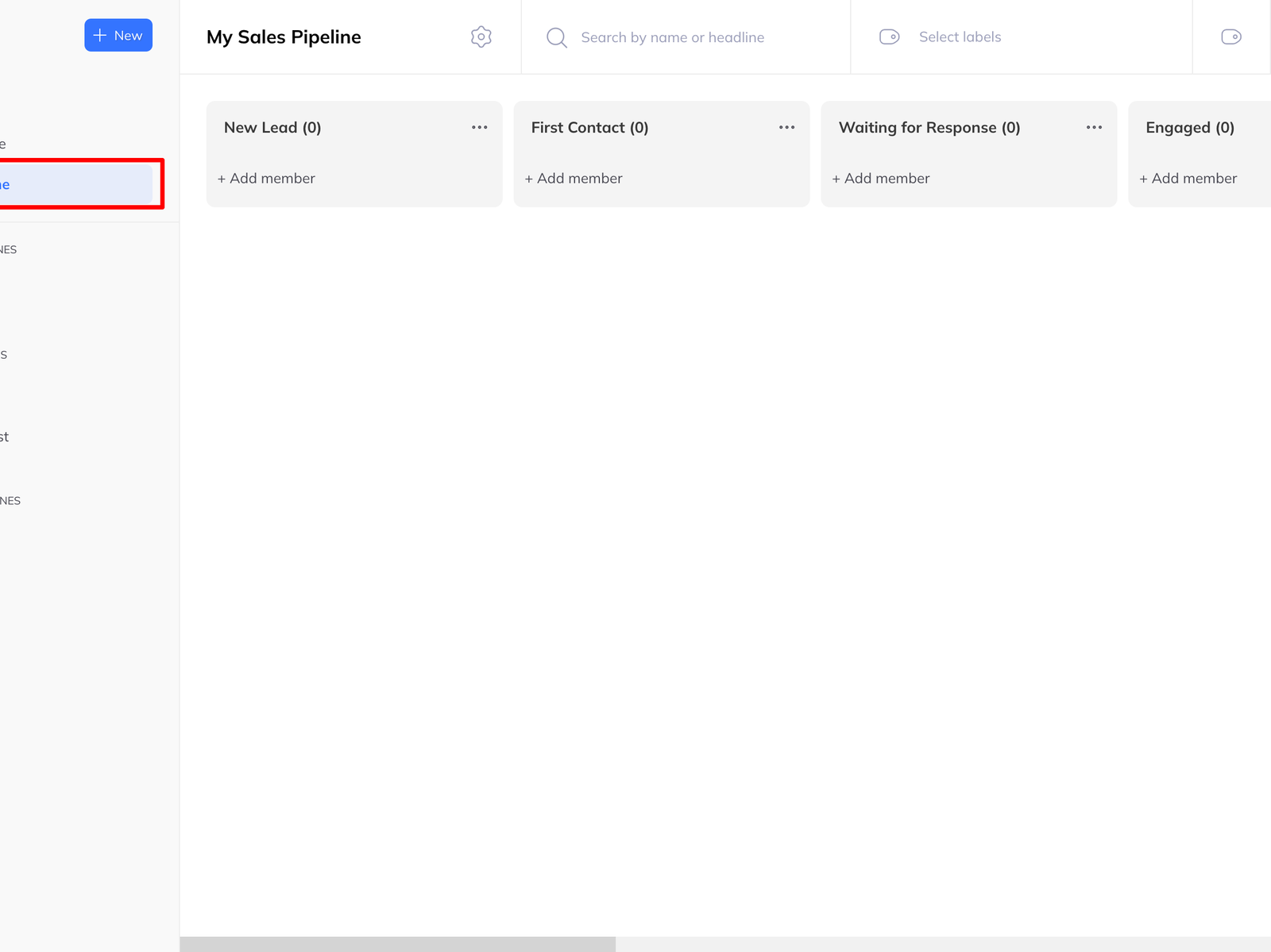A sales pipeline with columns New Lead, First Contact and Waiting for Response, each empty and offering Add member.