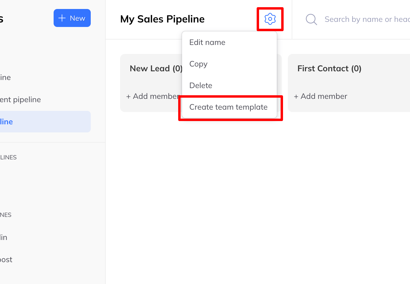 A pipeline menu open showing Edit name, Copy, Delete and Create team template.