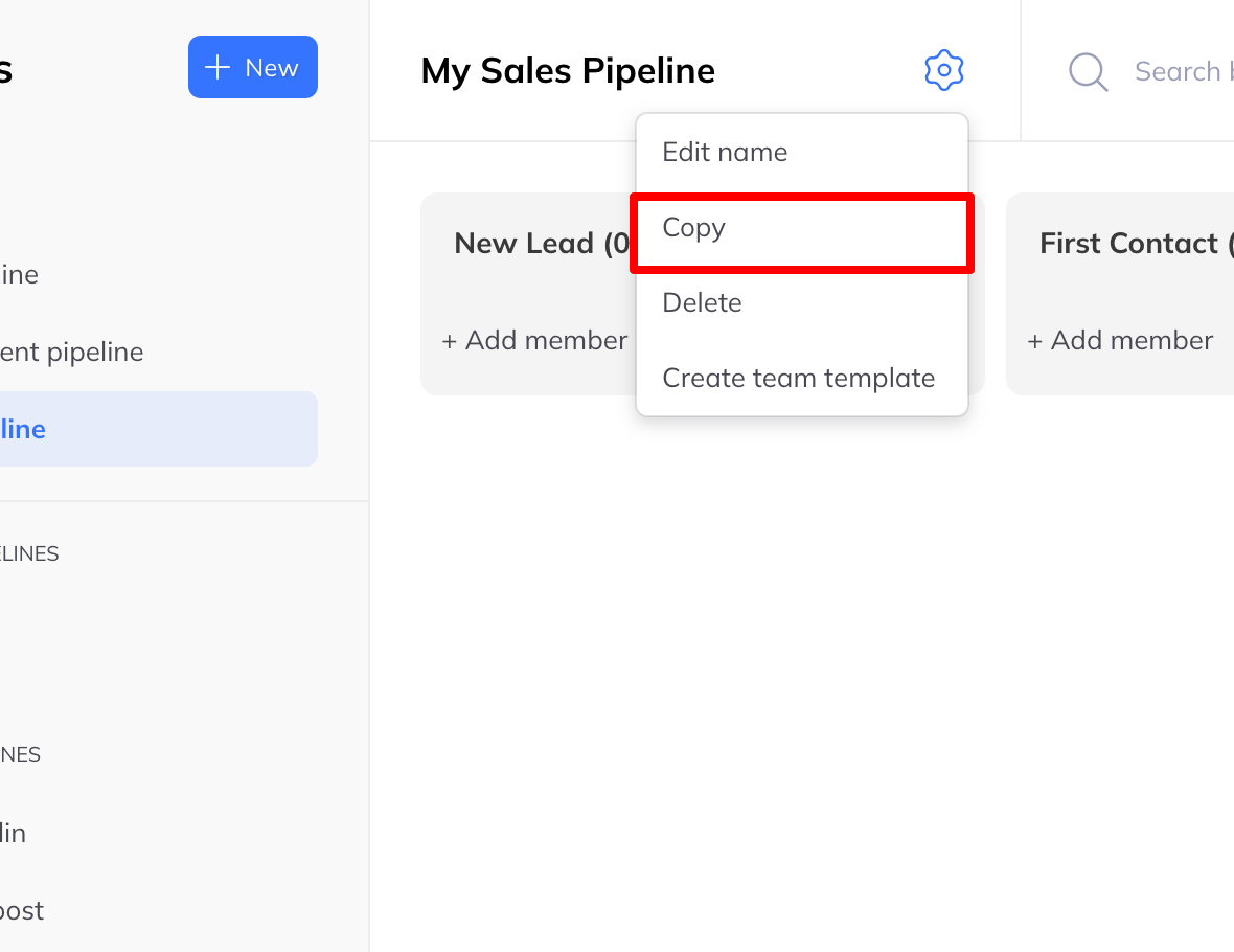 The same board menu with Copy highlighted, above Delete and Create team template.