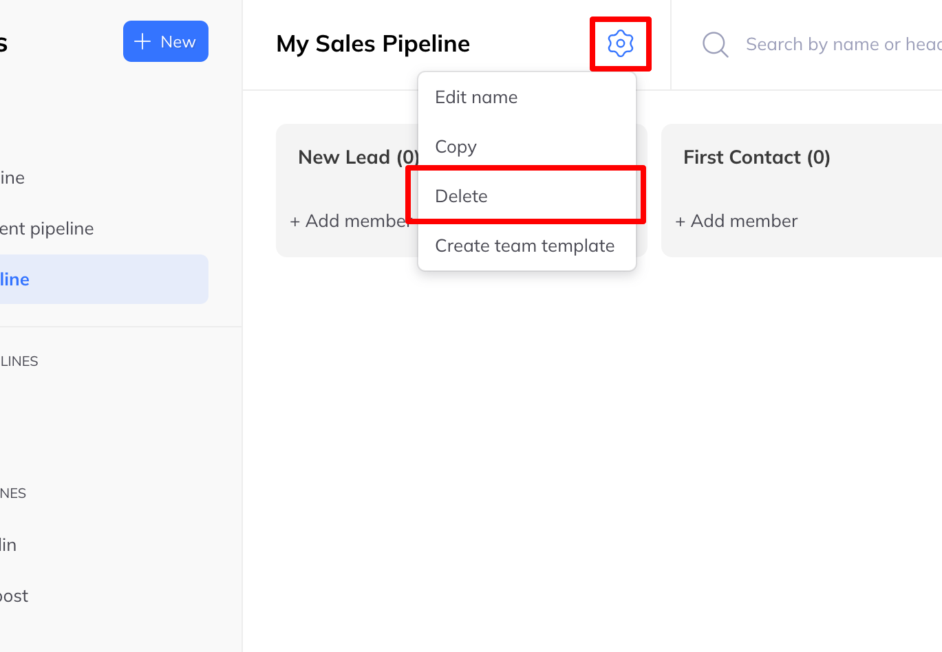 A pipeline's menu open over the board, offering Edit name, Copy, Delete and Create team template.