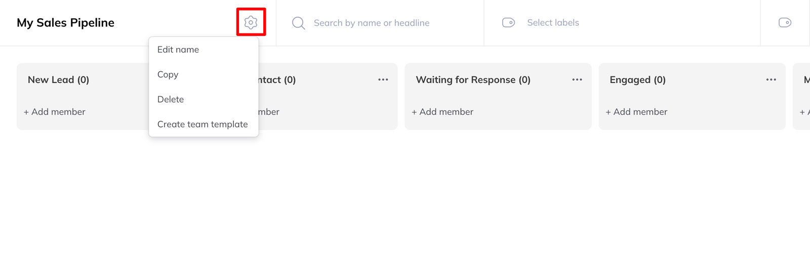 A pipeline header with the board name, a search field, a label filter, and an open menu offering Edit name, Copy, Delete and Create team template.