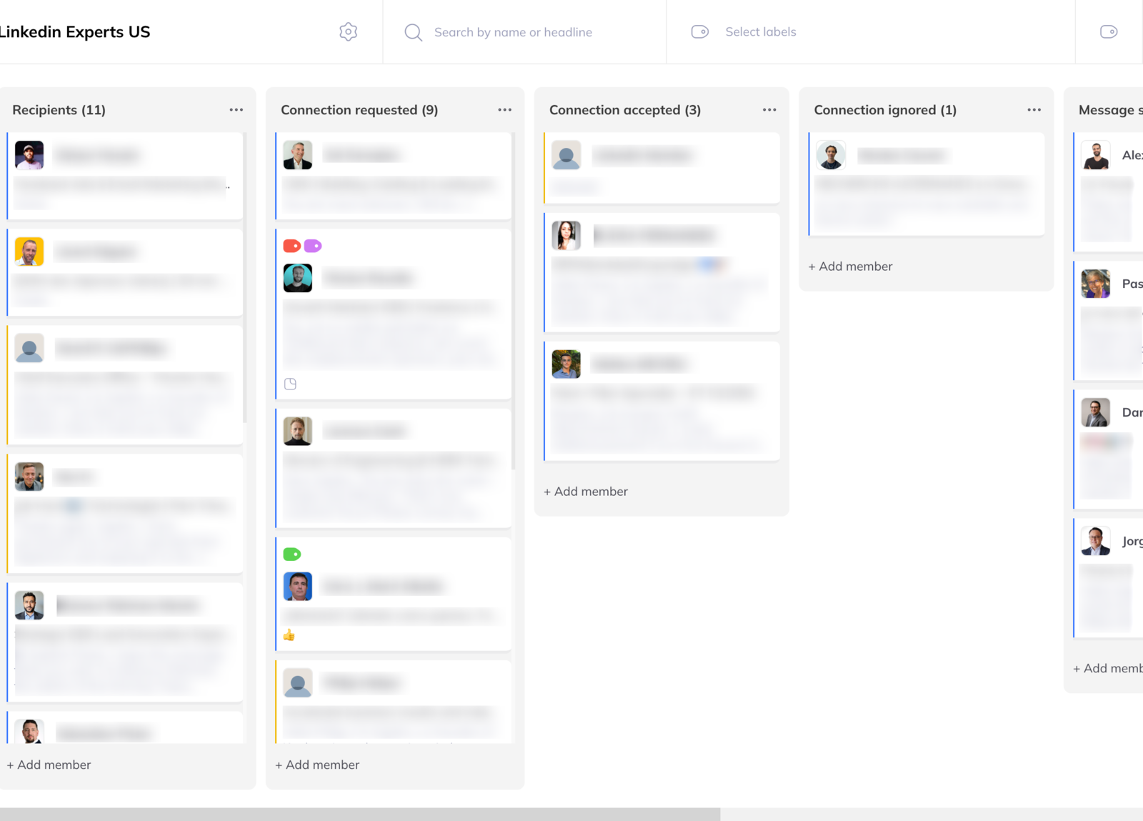 A campaign pipeline with columns Recipients, Connection requested, Connection accepted and Connection ignored, each holding cards and a count.
