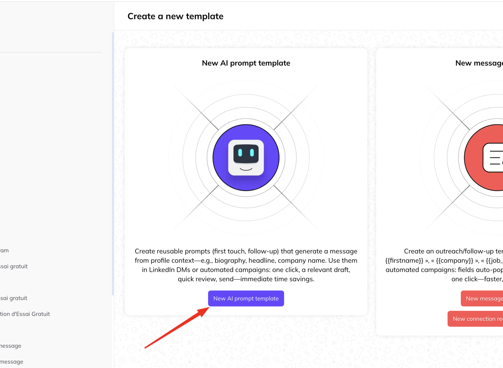 A template chooser offering New AI prompt template beside New message, with text explaining that prompts generate a message from profile context.
