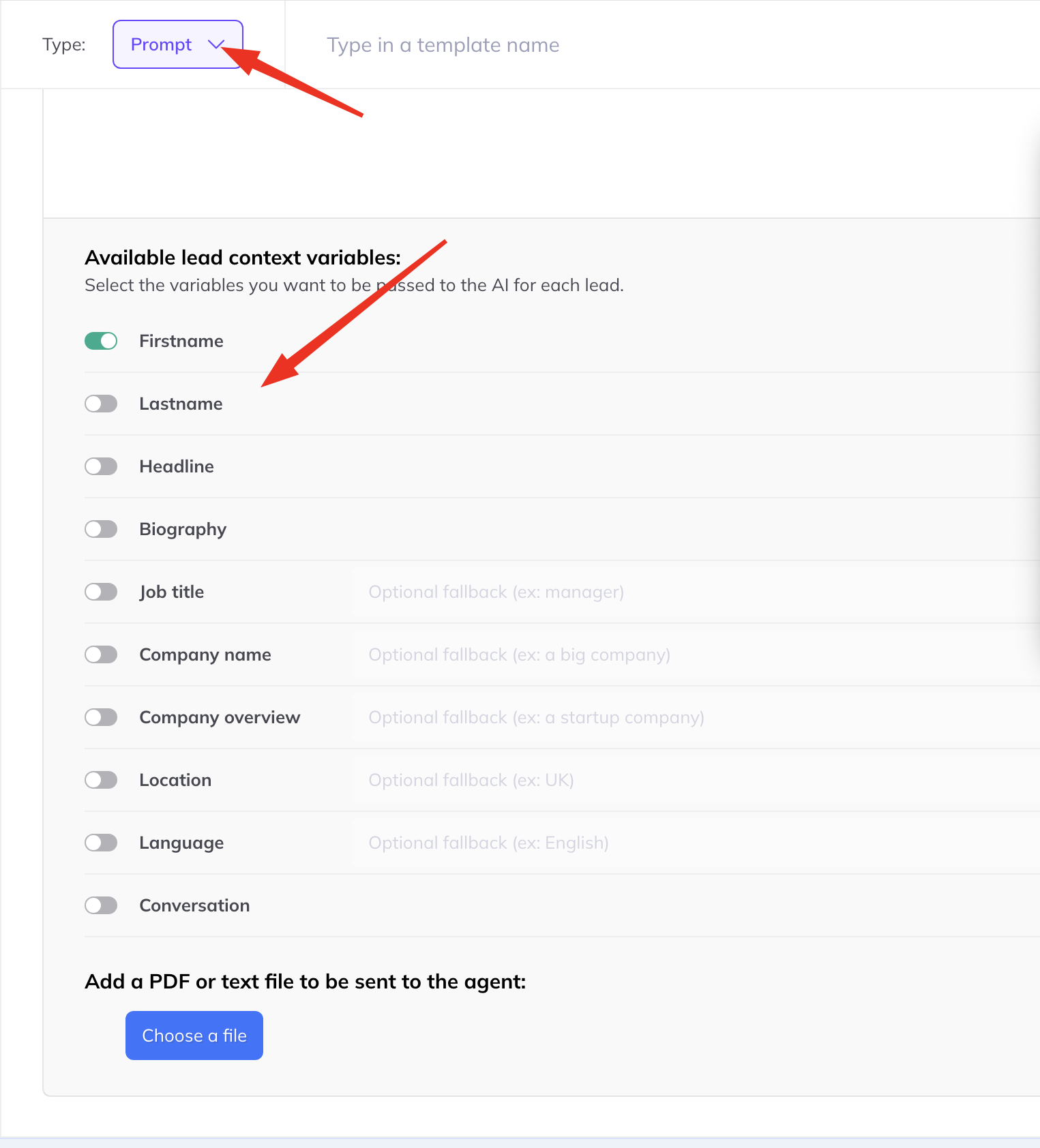 The prompt template editor listing selectable lead context variables — firstname, headline, biography, job title, company name and more — each with an optional fallback.