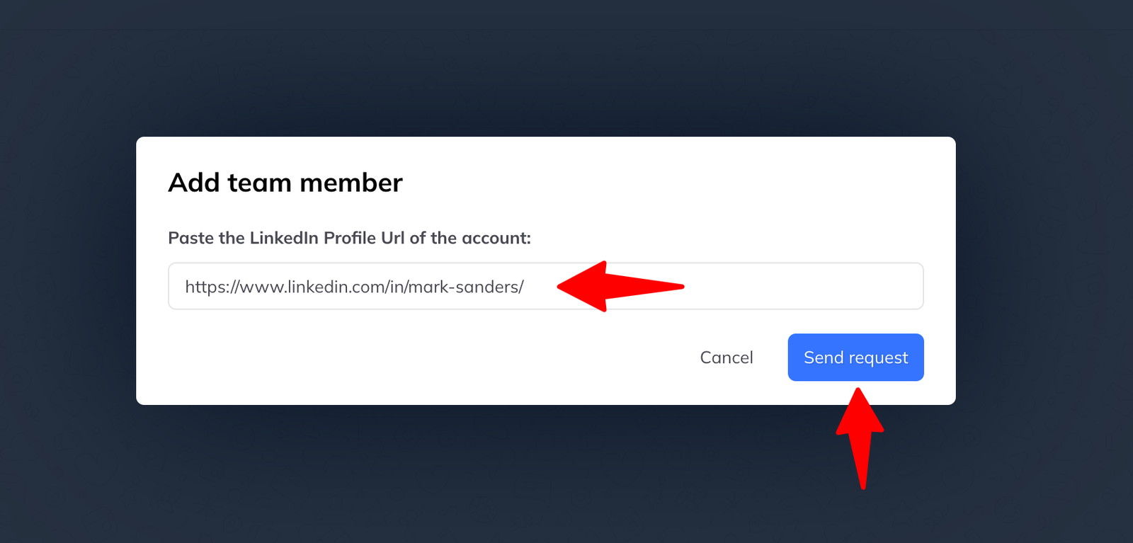 The add-team-member dialog with a field for a LinkedIn profile URL and a Send request button.
