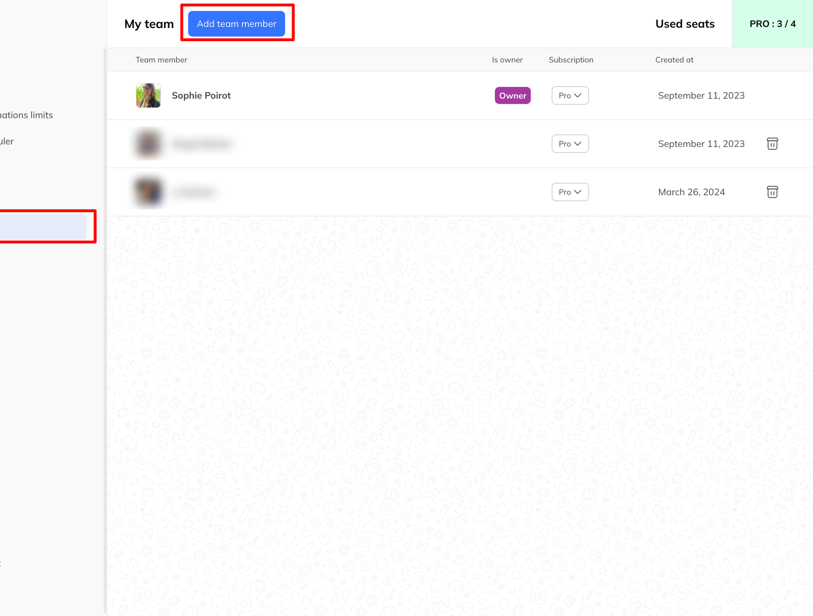 The My team page with an Add team member button above a table of members and their subscriptions.