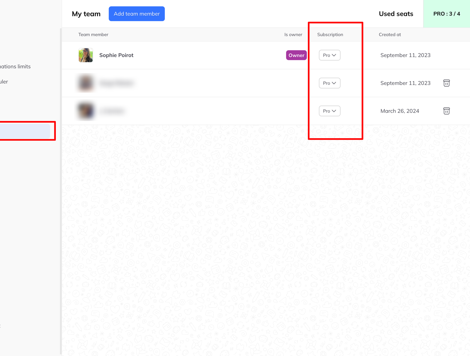 The team table with a subscription dropdown beside each member and a seat counter at the top right.