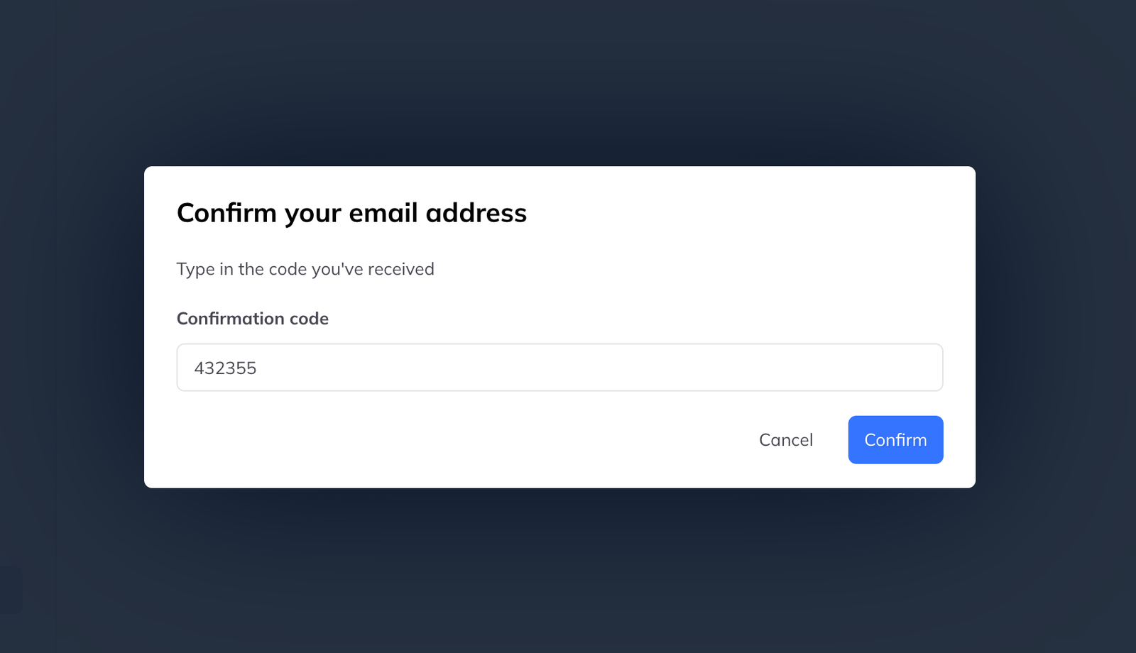 A dialog headed Confirm your email address with a field for the confirmation code.