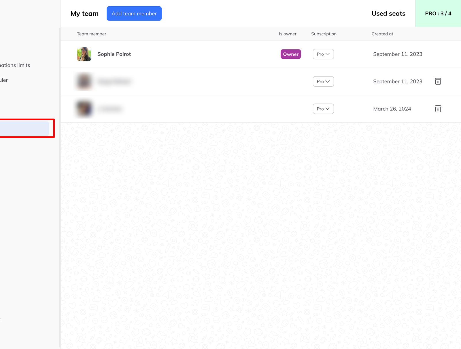 The team members table with the seat counter reading PRO 3 of 4 and a subscription dropdown open on one row.