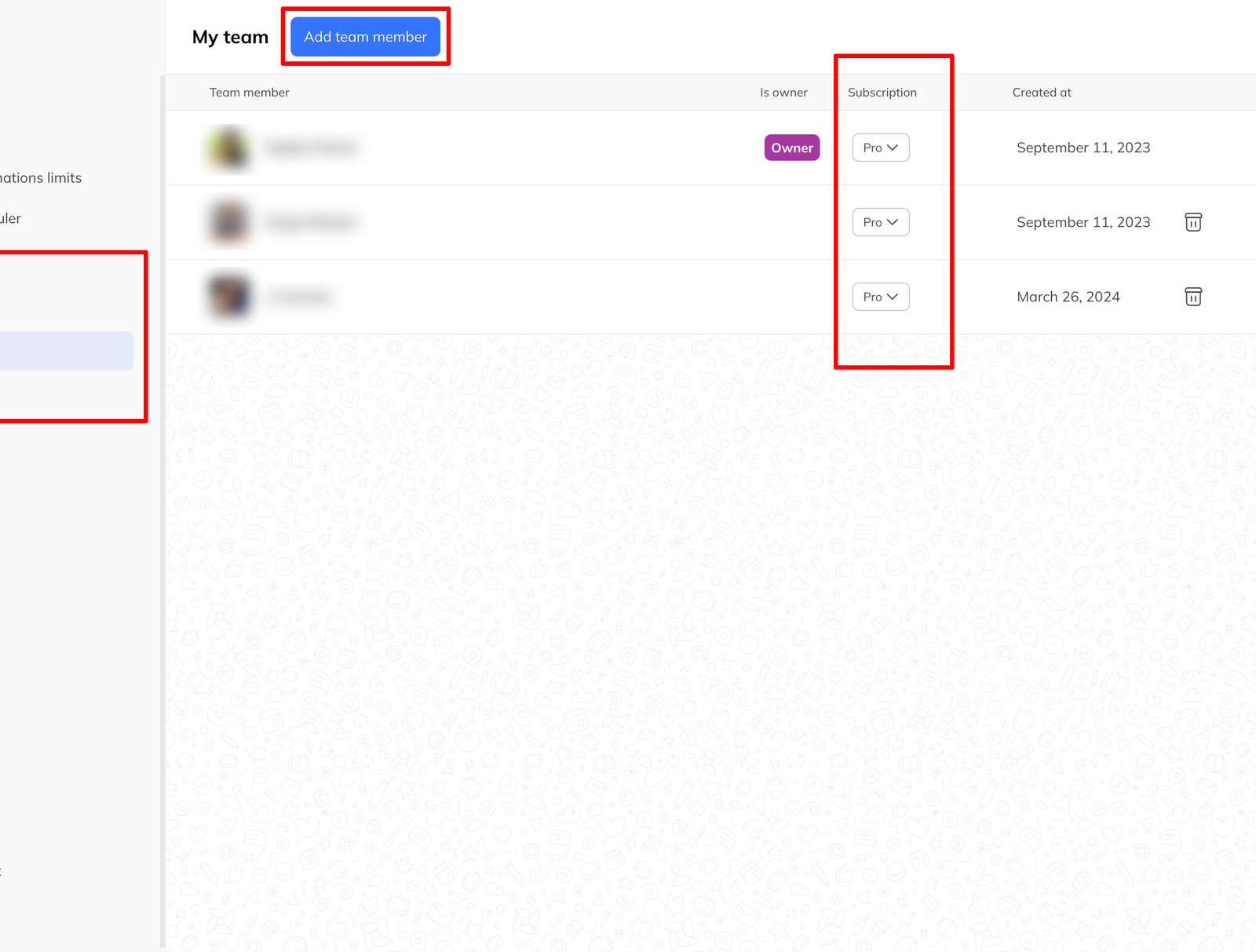 The team members table listing each member with their owner status, subscription and the date they joined.