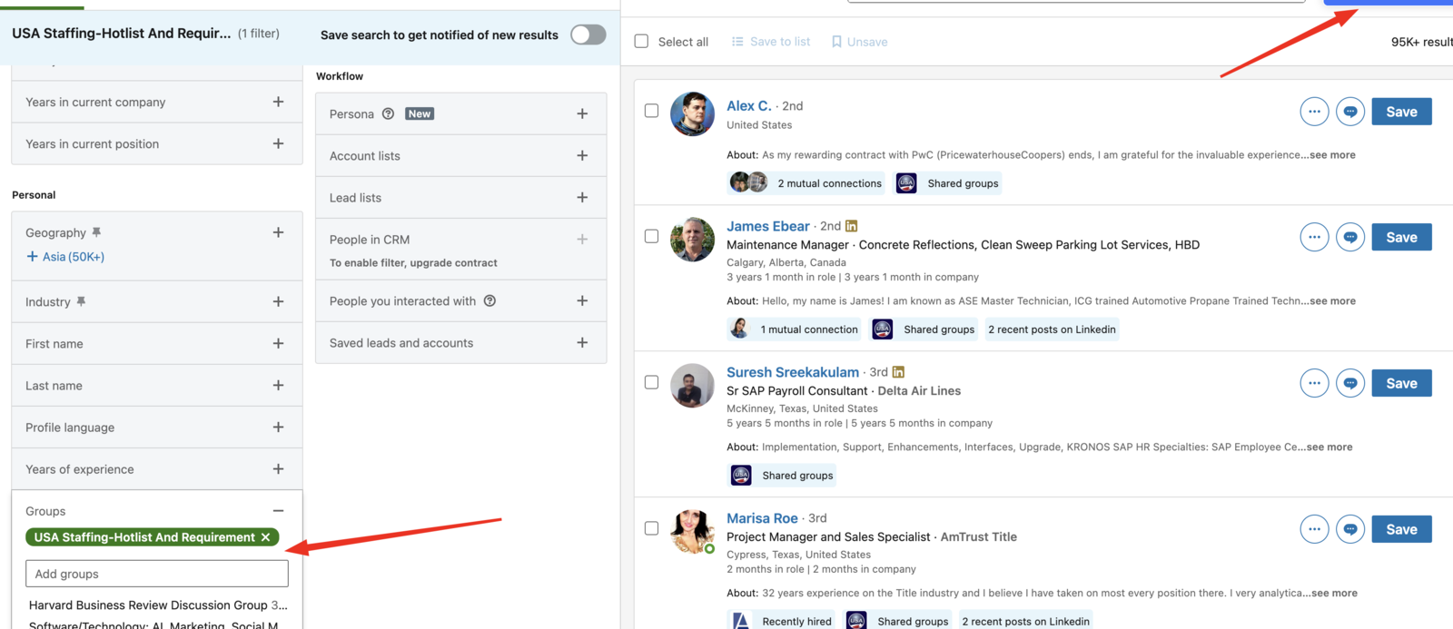 Sales Navigator's filter panel with a Groups filter applied alongside geography, industry and years of experience.