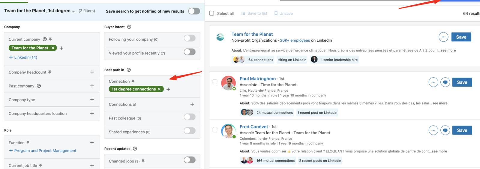 Sales Navigator's filter panel narrowed to 1st-degree connections at a named company, with function and headcount filters available.